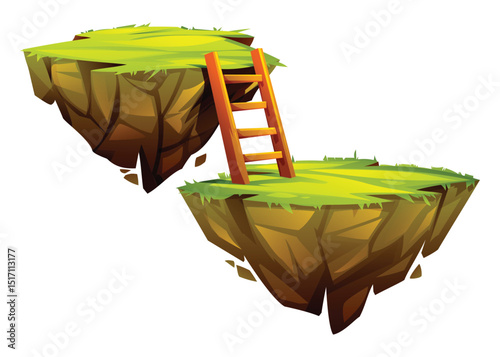 Floating islands with wooden ladder bridge over grassy cliffs. Vector cartoon illustration