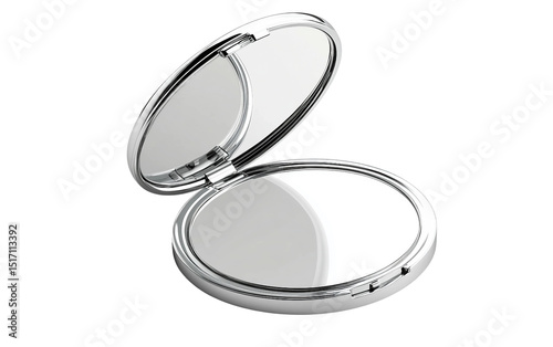 Floating silver compact mirror with minimalist design and sleek modern aesthetic isolated on transparent background PNG