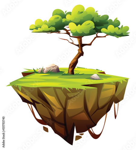 Floating island with tree and grass. Vector cartoon illustration