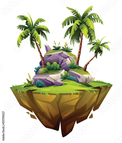 Floating jungle island with many palm trees, rocks and bushy greenery. Vector cartoon illustration