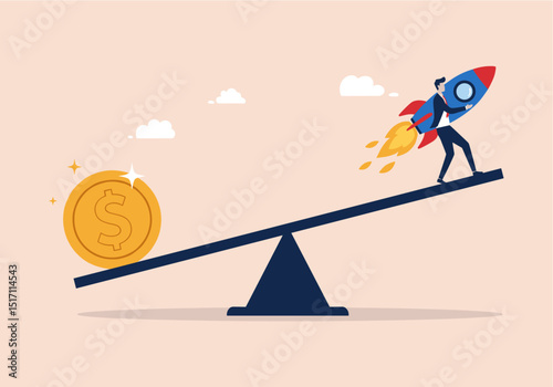 Flat vector illustration of a seesaw balancing a large sparkling gold coin on one side and a businessman in a suit riding a red and white rocket