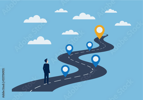Flat vector illustration of a businessman in a suit standing at the beginning of a winding road with multiple location pin markers along the path, leading to a final destination pin