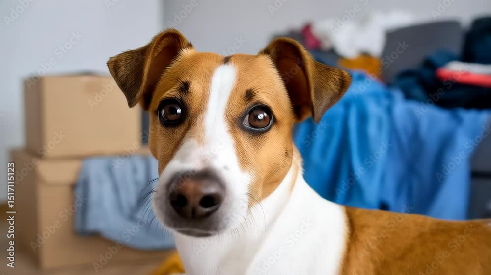 Sad looking dog standing amidst clutter of clothes and cardboard boxes in living room, moving chaos and domestic mess with guilty expression
