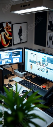 desk with two monitors and a laptop