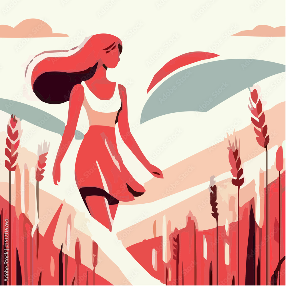 Fototapeta premium Young woman walking through golden wheat field under blue sky 