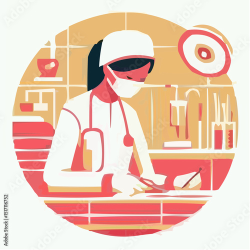 Female doctor performing surgery in a colorful medical environment  