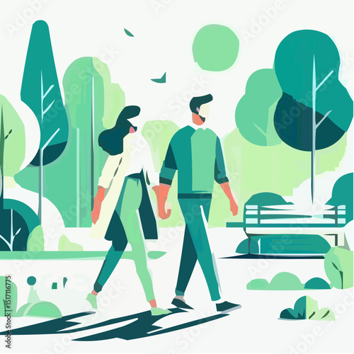 Young couple walking hand in hand in green park during daytime  