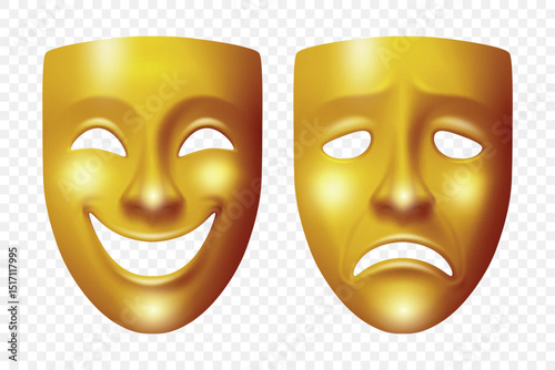 Vector 3d Theatre Masks Set. Realistic Sad and Happy Faces. Classic Comedy and Tragedy Theatre Mask Pair in Gold. Drama Symbol for Acting, Performance, Festival, Carnival, Stage Show, Masquerade Art