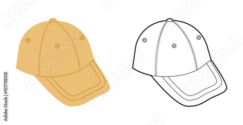 Fitted Cap Baseball Hat. Summer Head Fashion accessory clothing technical illustration. Vector headgear for Men, women, unisex style, flat template CAD mockup sketch outline isolated
