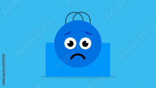 Blue Emoji A sad face emoji with dollar signs for eyes resting on a shopping bag representing buyers remorse.