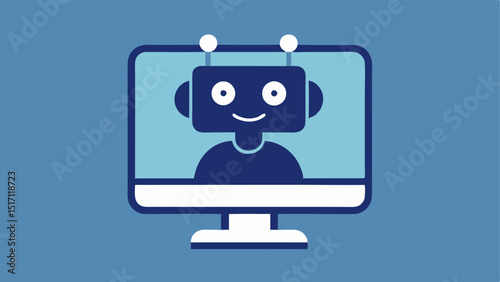 Chatbot Interaction A friendly chatbot icon displayed on a computer screen engaging in a text conversation with a customer represented by a silhouette or a stick figure.