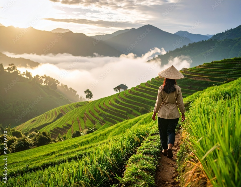 Fototapeta premium Terraced Rice Fields in the Mist – Rural Harmony