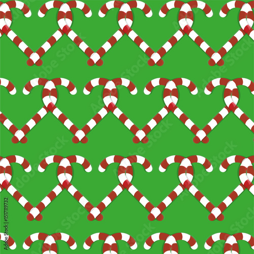Christmas sweet pattern. Red striped candy. Seamless green background. Festive holiday repeat.
