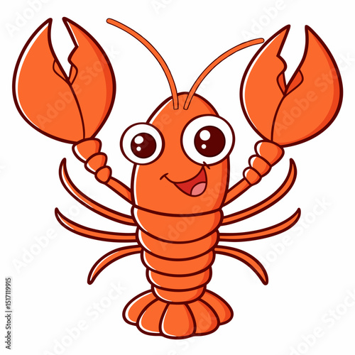 Cartoon lobster character smiling with raised claws and big eyes  