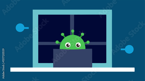 AI Virus A cartoonish AI virus with pixelated features sneaking into a computer system through an open window highlighting the stealthy nature of AI threats.