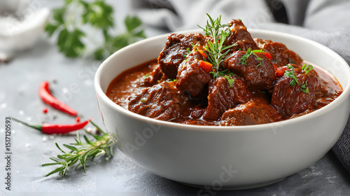 A bowl of hearty beef goulash with rich sauce, herbs, and paprika on a light neutral background