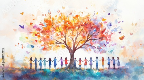 Unity and Harmony: A Watercolor Painting of People Holding Hands Under a Vibrant Autumn Tree