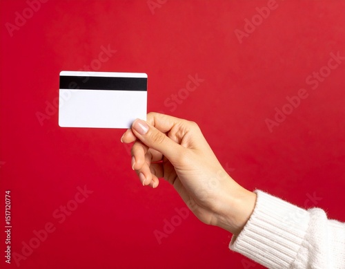 Close up female hand holds levitating template mockup Bank credit card with online service isolated on red background