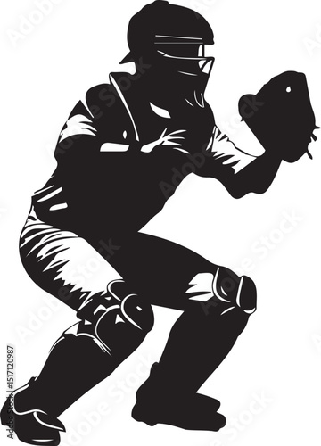 Baseball catcher in stance: A dynamic silhouette of a baseball catcher in mid-action, crouched low, focused, and ready to receive the pitch, embodies dedication, and athleticism within the sport.