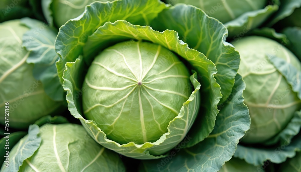 Fototapeta premium Close-up of fresh green cabbage. Ripe head of cabbage, healthy organic vegetable with detailed textures, ready for harvest. Fresh leaves, healthy food for salads and cooking.
