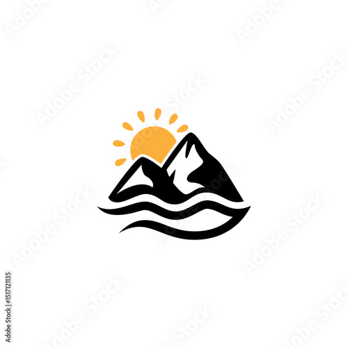 mountain logo with natural elements sun and water in flat design style