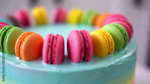 Colorful macaroons on the top of cake decoration food videography