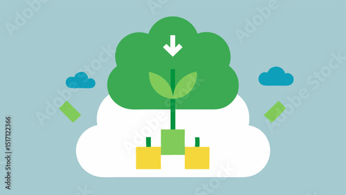 Carbon Offset Cloud A fluffy cloud made of green leaves with arrows pointing down to indicate carbon offset practices surrounded by small icons of packages.
