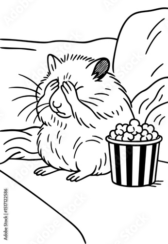 Scared Hamster Watching Movie with Popcorn