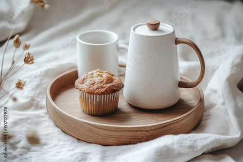 Wallpaper Mural Breakfast setup with a ceramic teapot, white mug, and muffin served on a round wooden tray over soft fabric Torontodigital.ca