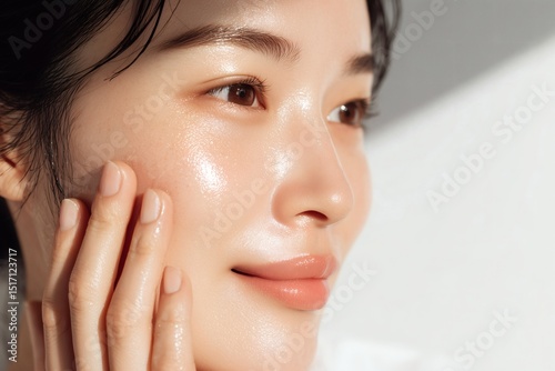 Luminous beauty portrait: woman's radiant complexion shines, emphasizing healthy skincare and natural glow, soft touch on face, glowing skin