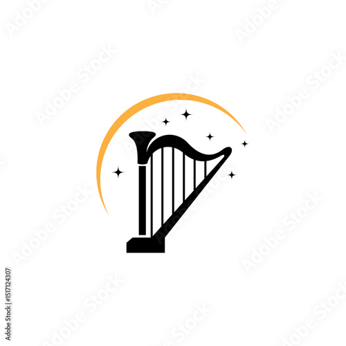 harp musical instrument logo with crescent moon and star in flat design style