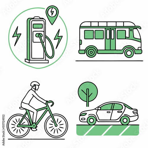 Illustration of electric vehicle charging station, bus, cyclist, and car with tree in green and black lines