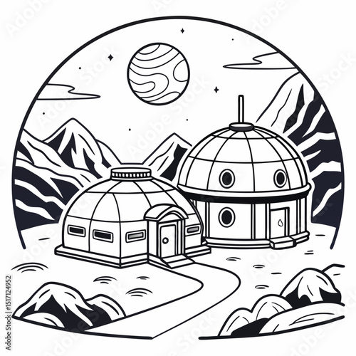 Illustration of two futuristic dome houses on a landscape with mountains and a planet in the sky design