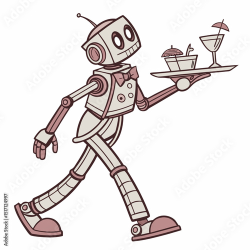 Illustration of a robot waiter walking and carrying a tray with a cocktail and dessert item on it