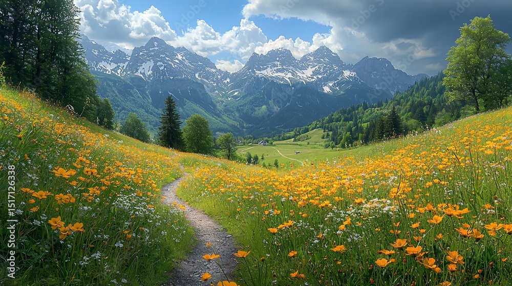 Fototapeta premium Scenic view of mountains, a wildflower meadow, path, trees, and blue sky with clouds
