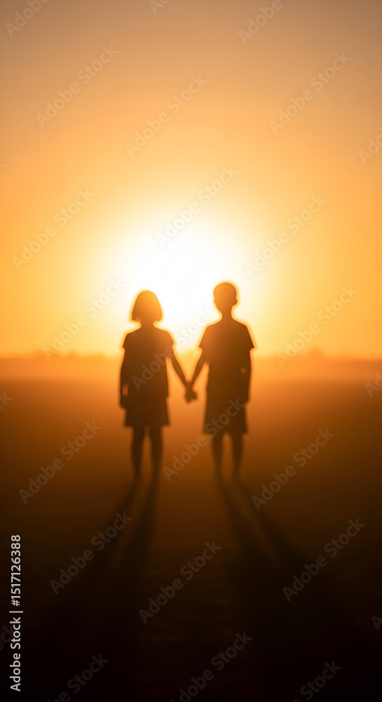 Fototapeta premium A softly focused, wide shot with a warm color palette dominated by oranges and yellows suggestive of either sunrise or sunset. The lighting is dramatic, with a bright light source positioned centrally
