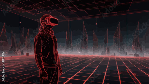 Futuristic VR Gamer with Neon Cyberpunk Background – Virtual Reality Experience Illustration