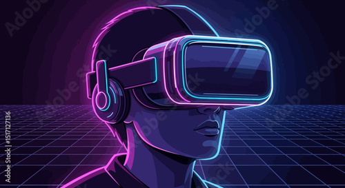 Futuristic VR Gamer with Neon Cyberpunk Background – Virtual Reality Experience Illustration