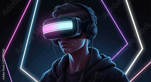 Futuristic VR Gamer with Neon Cyberpunk Background – Virtual Reality Experience Illustration