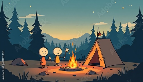 Cartoon Campers Roasting Marshmallows at Campfire Under Starry Night Sky