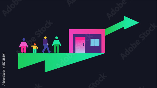 A multicolored neon arrow blends shades of green and pink pointing toward a bustling store entrance where families are seen joyfully shopping.