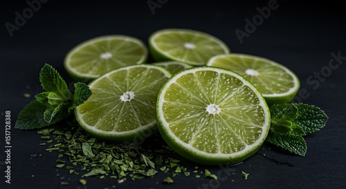 Refreshing close-up of sliced limes with fresh mint leaves. 