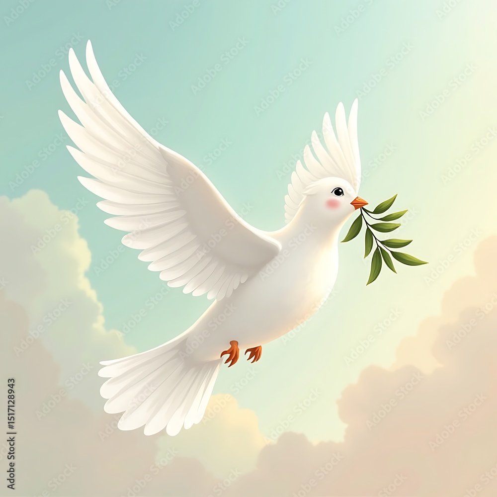 Fototapeta premium White Dove Flying with Olive Branch in Sky Symbolizing Peace