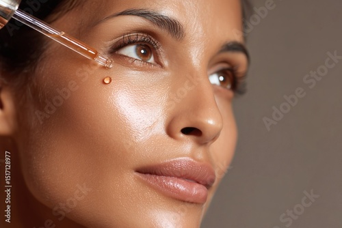 Skincare routine with serum. Woman applying facial serum with dropper for radiant and hydrated skin, promoting a healthy complexion.