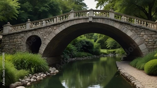 Stone arch bridge spanning over a calm, reflective river