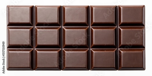 A chocolate bar with six square pieces, showcasing a smooth and glossy surface made of dark chocolate
