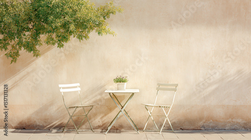 europeanstyle street cafe featuring minimalist chairs and single captivating painting on wall photo