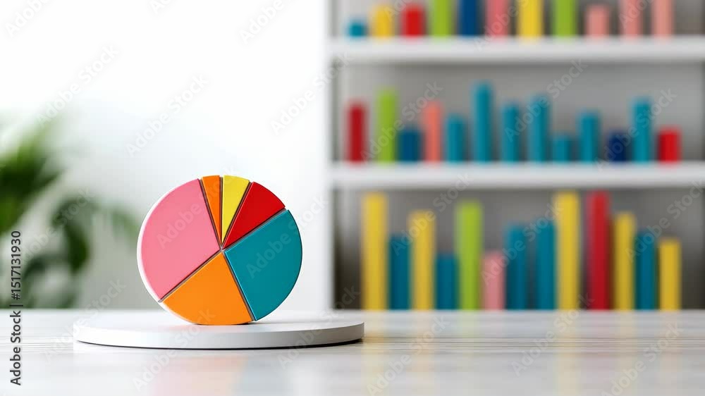 Colorful pie chart on a table with blurred bookshelf background.
