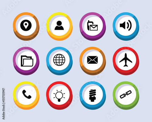 Set of twelve modern round icons representing communication and information functions