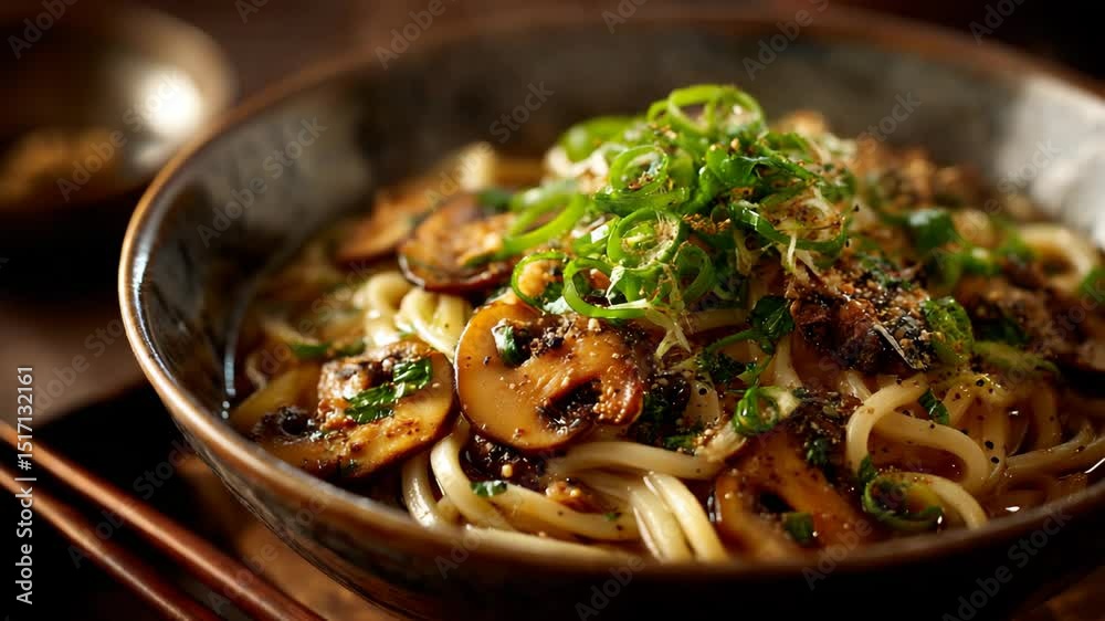 Udon noodles with mushrooms and scallions in spicy soy broth served in rustic bowl

